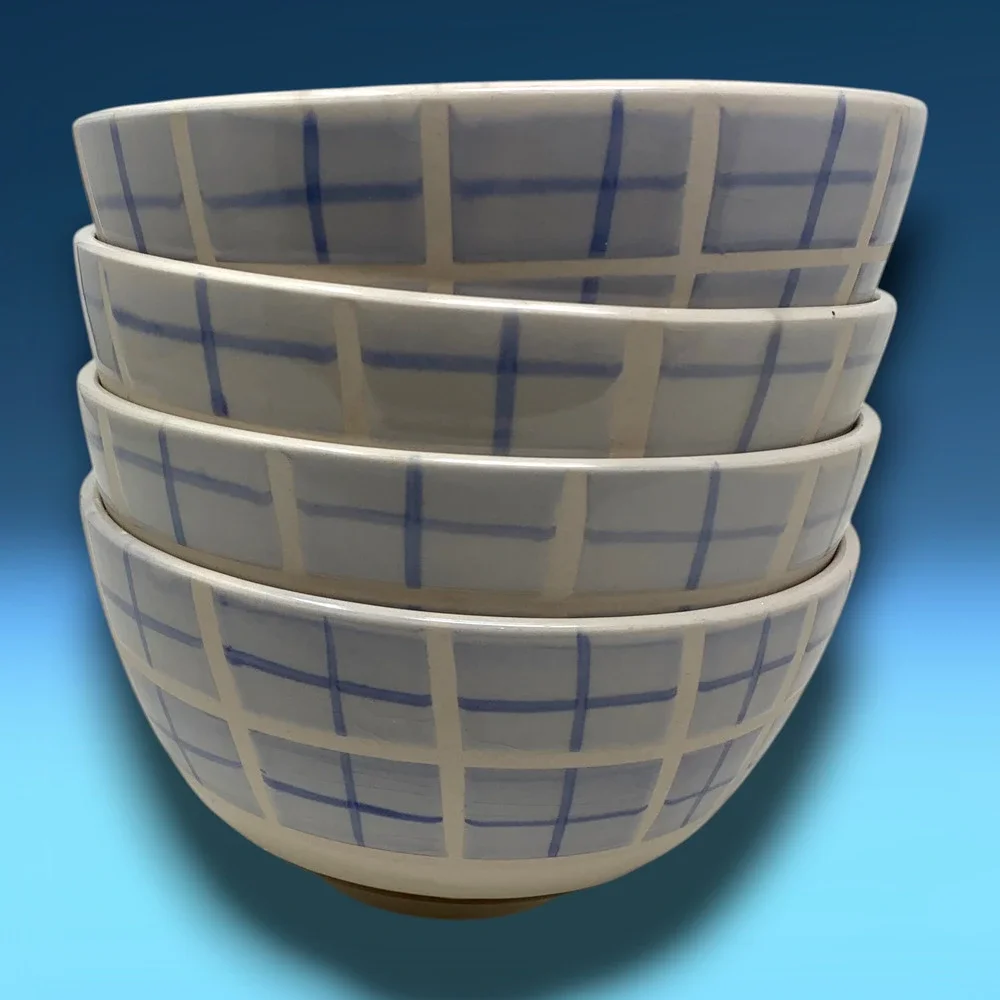 Vintage Lot 4 x Pier 1 Checkerboard Stoneware Soup Cereal Bowls Blue White